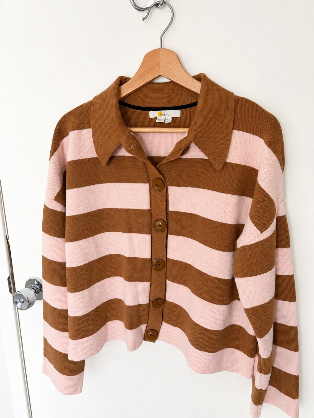 Boden Lucy Relaxed Cotton Cardigan Striped Camel / Pink Polo Sweater US 10